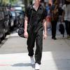 (SU)Men's Zipper Overalls Lapel Solid Color Jumpsuit Suit Thin Breathable Suit
