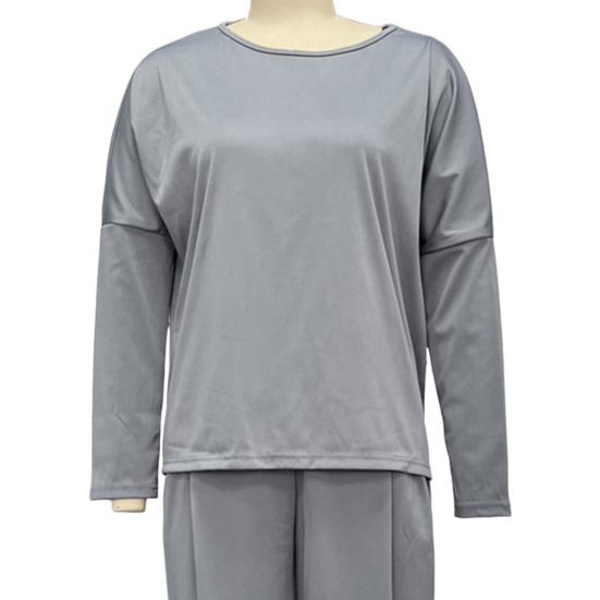 2 шт./комплект женский топ брюки костюм круглый вырез длинный рукав сплошной цвет