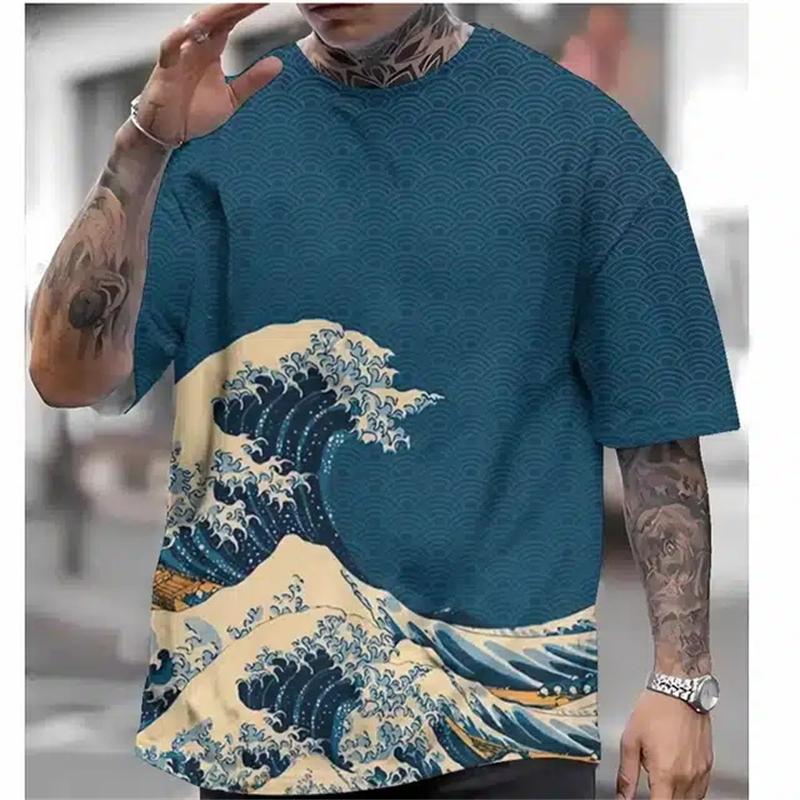 Japanese Ukiyo-E Printed Men's T-Shirt Vintage Summer Men's Short-Sleeved T-Shirt Oversized Round Neck Top Street Harajuku Tops