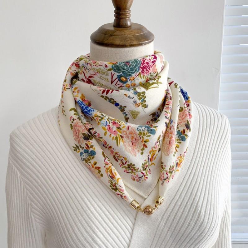 Cotton Linen Square Scarf With Magnetic Clasp Women Lightweight Winter Neck Warmer Fashionable Triangle Wrap