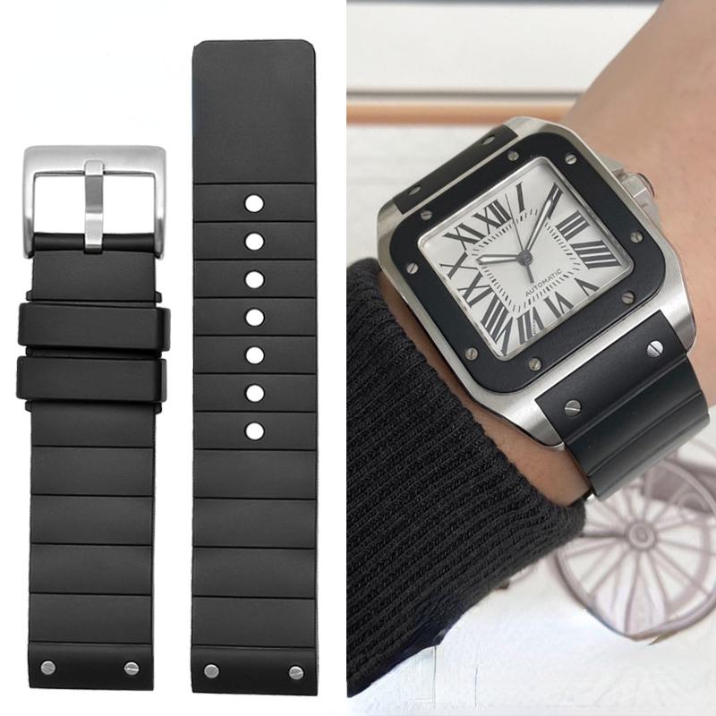 Для Cartier Santos 100 резиновый ремешок для часов черный Заклепка силиконовый ремешок 20 мм 23 мм ремешок для часов мужской женский Коричневый синий мягкий браслет