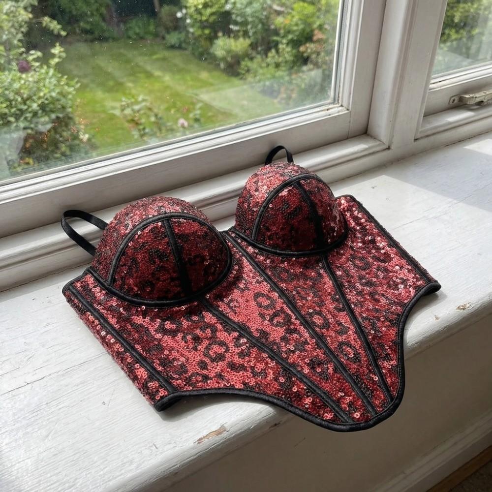 with Buckle Sequin Leopard Corset Slim Fit Suspender Vest Fashion Crop Tops Ladies