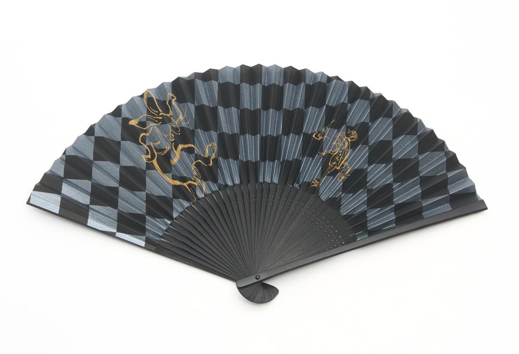 Веер ручной работы Kyoto клетчатый черный Kyoto, подарочная коробка, сумка для веера [Hasegawa], узор, Chojugiga, окрашенный, веер, включен,