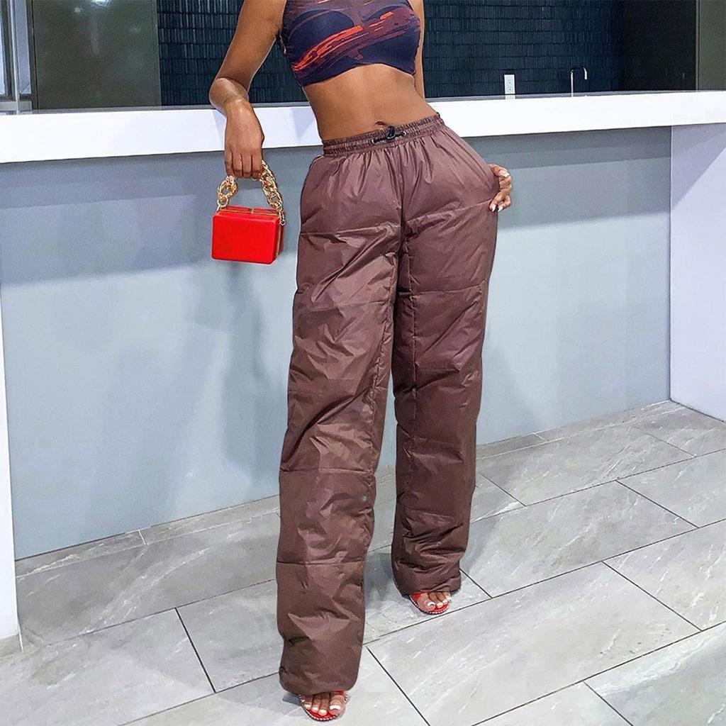 Women's Casual Solid Color Cotton Pants Warm Clip Cotton Drawstring Pocket Elastic Waist Cotton Pants