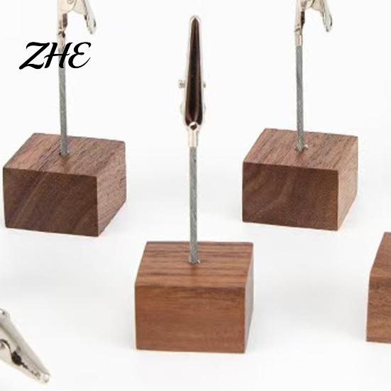 Desktop Memo Stand Wooden Cube Clip Stand, Note Display Solid Wood Square Base Business Receipt Organizer Card Holder, Vertical Holder for Wedding