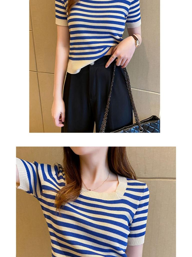 2025 Summer Women's Slim Fit Short Sleeve Striped Ice Silk Knit Top with Square Neck
