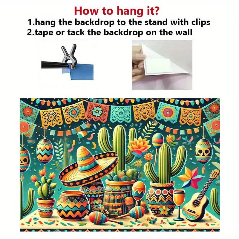 Cheerful decoration | Luminous Mexican 2D background banner 1 piece festive polyester wall covering with sombrero motif DJH