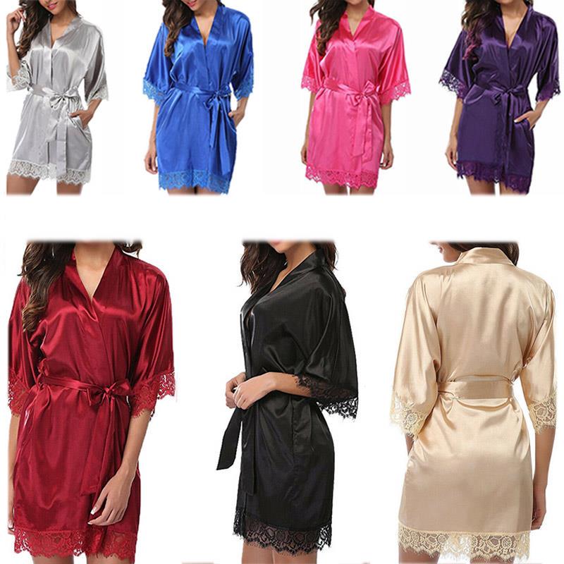Женская летняя сексуальная ночная рубашка, однотонный шелковый атласный халат, свадебное платье подружки невесты, банный халат