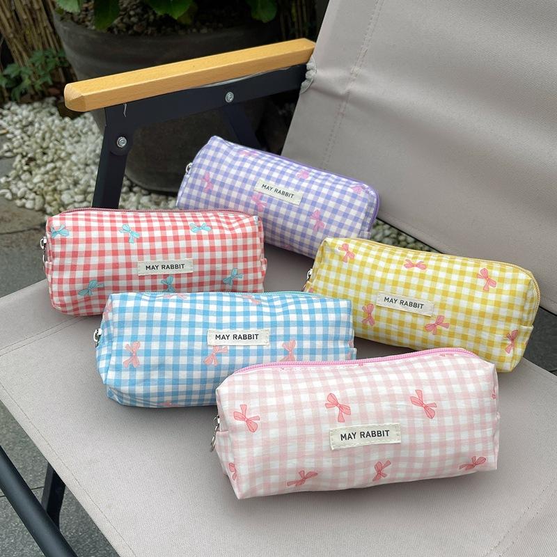 Sweet Bow Women's Storage Bag Large Capacity Female Cosmetic Bags Cute Plaid Makeup Clutch Purse Portable Girls Pencil Case