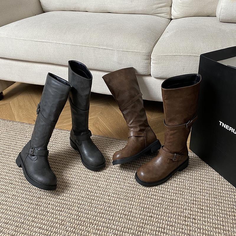 Модные ретро сапоги-рыцари с круглым носком на толстой подошве, с полировкой под старину, женские сапоги на среднем и высоком толстом каблуке, универсальные сапоги в стиле милитари