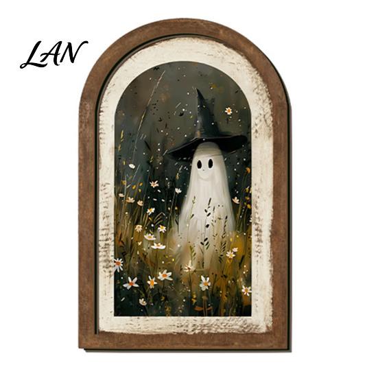 Decorative Shelf Ghost Art Halloween Wall Decor, Cute Table Sign, Vintage Arch Framed Tabletop Decoration Picture, for Mantel Living Room Bedroom