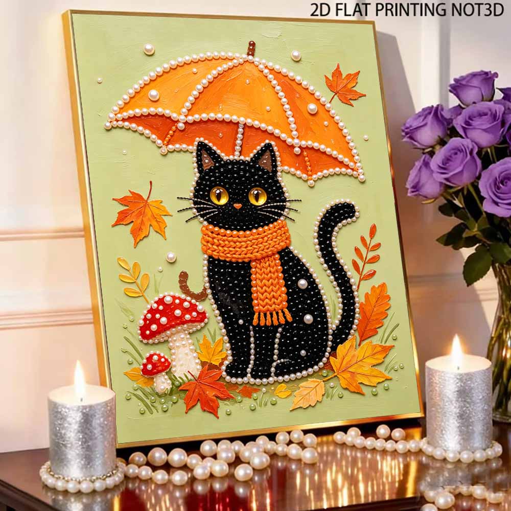 Набор для DIY-рисования жемчугом без рамки Черная кошка Осенний зонт Узор из грибов и листьев 3D Блестящее жемчужное искусство Холст Расслабляющее творческое ремесло Подарок