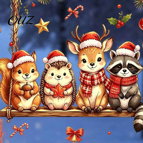 Holiday Glass Decals Christmas Animals Window Decal, Static Cling Removable Sticker, Waterproof PVC Cute Home Party Decor Deer Bunny on Swing