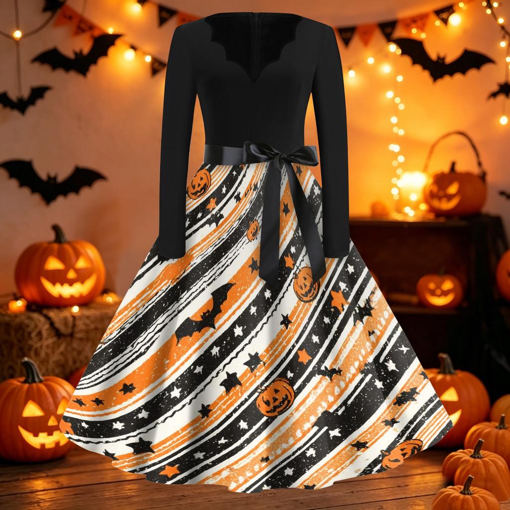 Women's Casual Halloween Print V Neck Vintage Style Dress Long Sleeve Fit and Flare Midi Dress with Waist Tie Belt