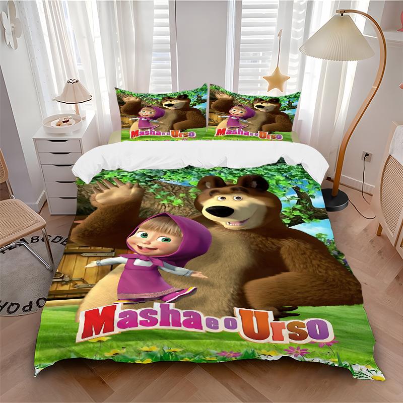 3Pcs Masha Bear Adventure Bedding Set Quilt Cover Pillowcase Home Christmas Xmas Halloween Gift 1 Duvet Cover 2 Pillowcase Em92920