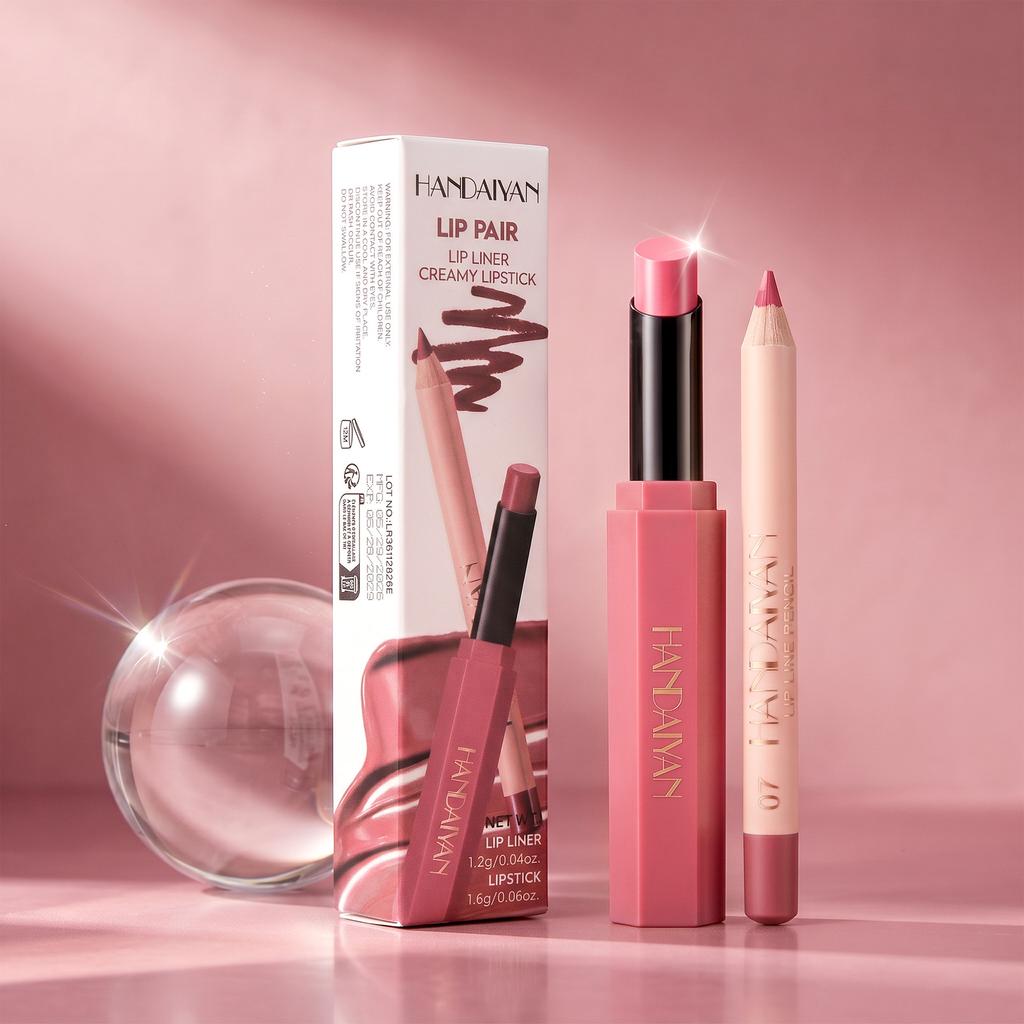 HANDAIYAN Lipstick and Lip Liner Set, 2-in-1 Waterproof Long-Lasting Matte Lipstick with Lip Liner Pencil, Nude Pink Lip Makeup Kit for Women