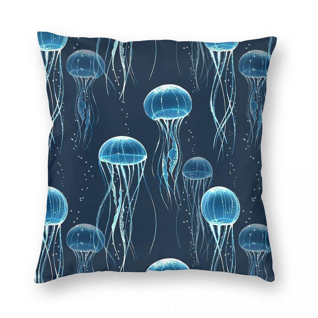 Glowing Jellyfish Square Pillowcase Polyester Linen Velvet Printed Zip Decorative Sofa Seater Cushion Case 45X45