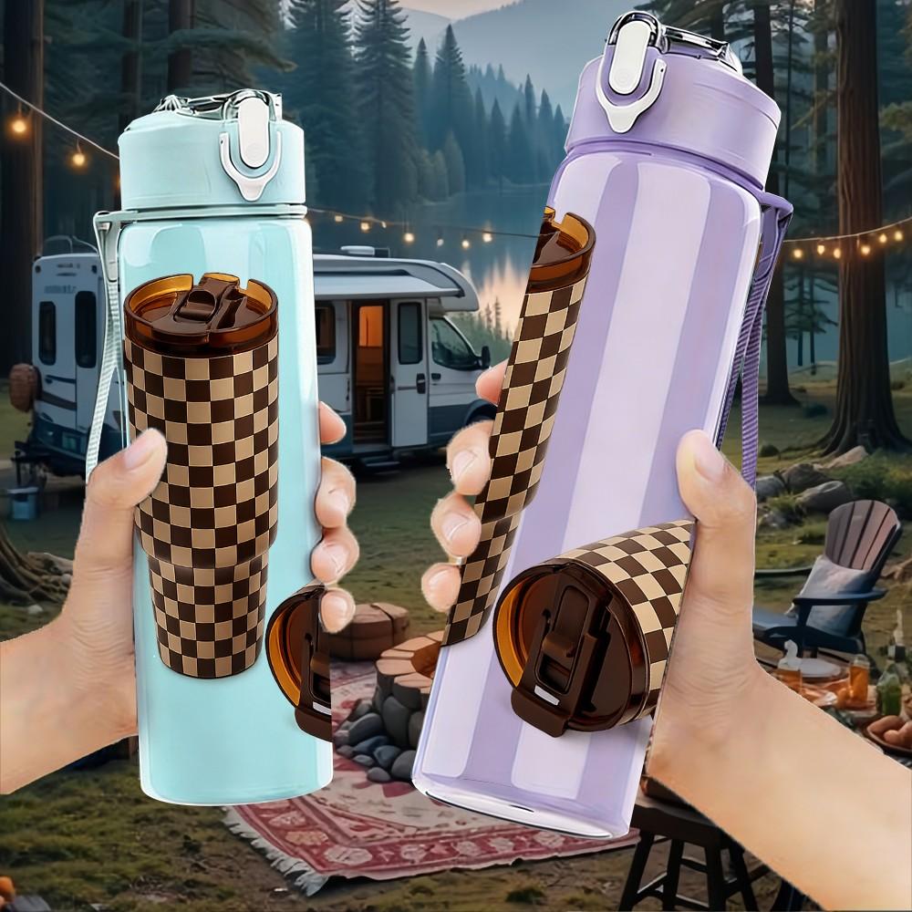 1PC Plaid Mug Cup Home Decor Print 750ml Color Plastic Sports Water Bottle Leakproof Flip Straw Lid Suitable for Sports Office Home Use