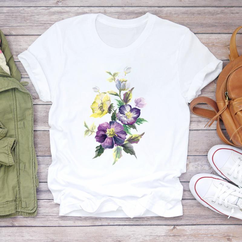 (Азиатский размер) Футболка с цветочным принтом и круглым вырезом, модная футболка, женская одежда, повседневная женская футболка с коротким рукавом и принтом, женская футболка с графикой
