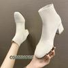 Stretch Sock Boots for Women's Shoes Square Heel Yellow Knitting Shoes Elastic Cottton Boots Lady Footwear Spring/Autumn Casual