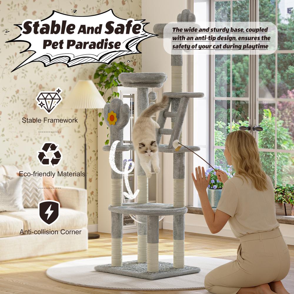 72" Tall Cactus Cat Tower Featuring Clear View Capsule, Durable Sisal Scratching Posts, Cozy Plush Platforms, and Built-in Interactive Toys –