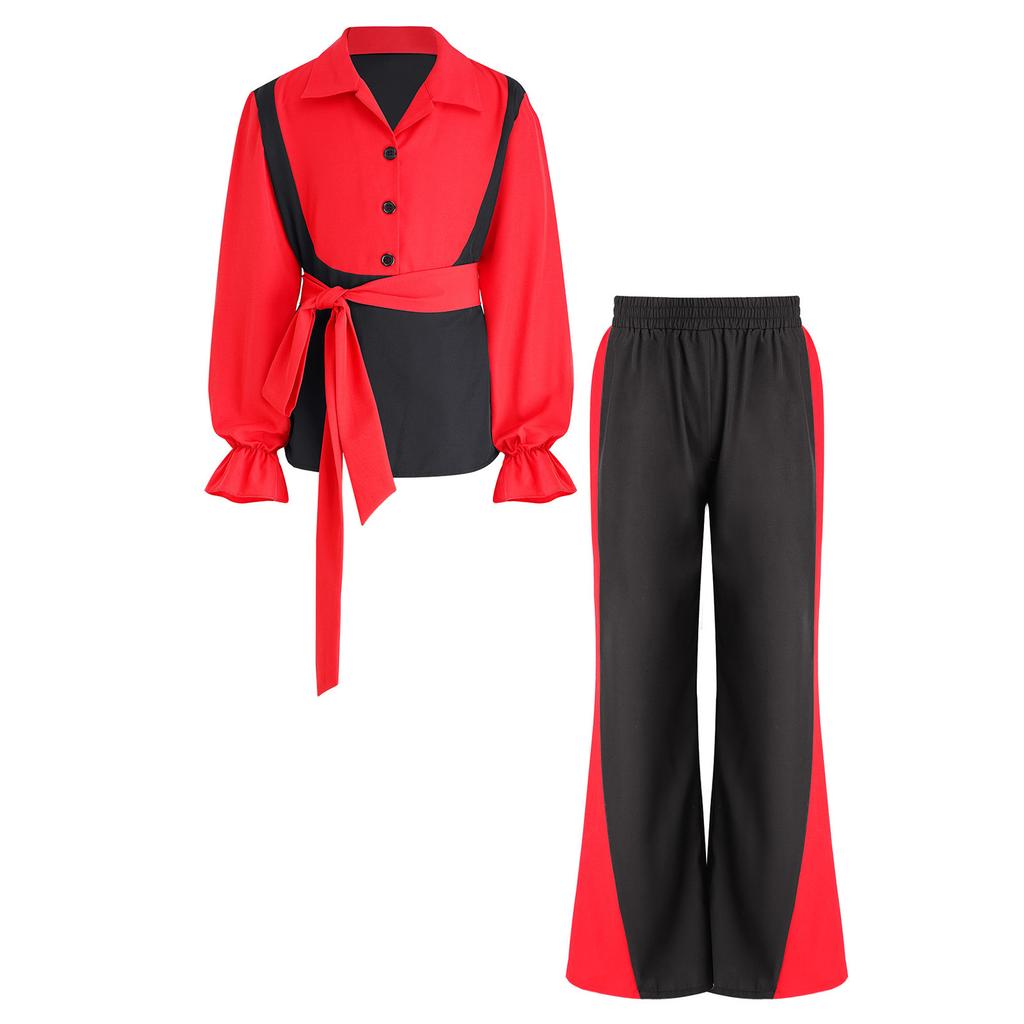 Boys Flamenco Dance Outfit Color Block Turn Down Collar Long Puff Sleeve Pullover Shirt Elastic Waistband Pants Belt
