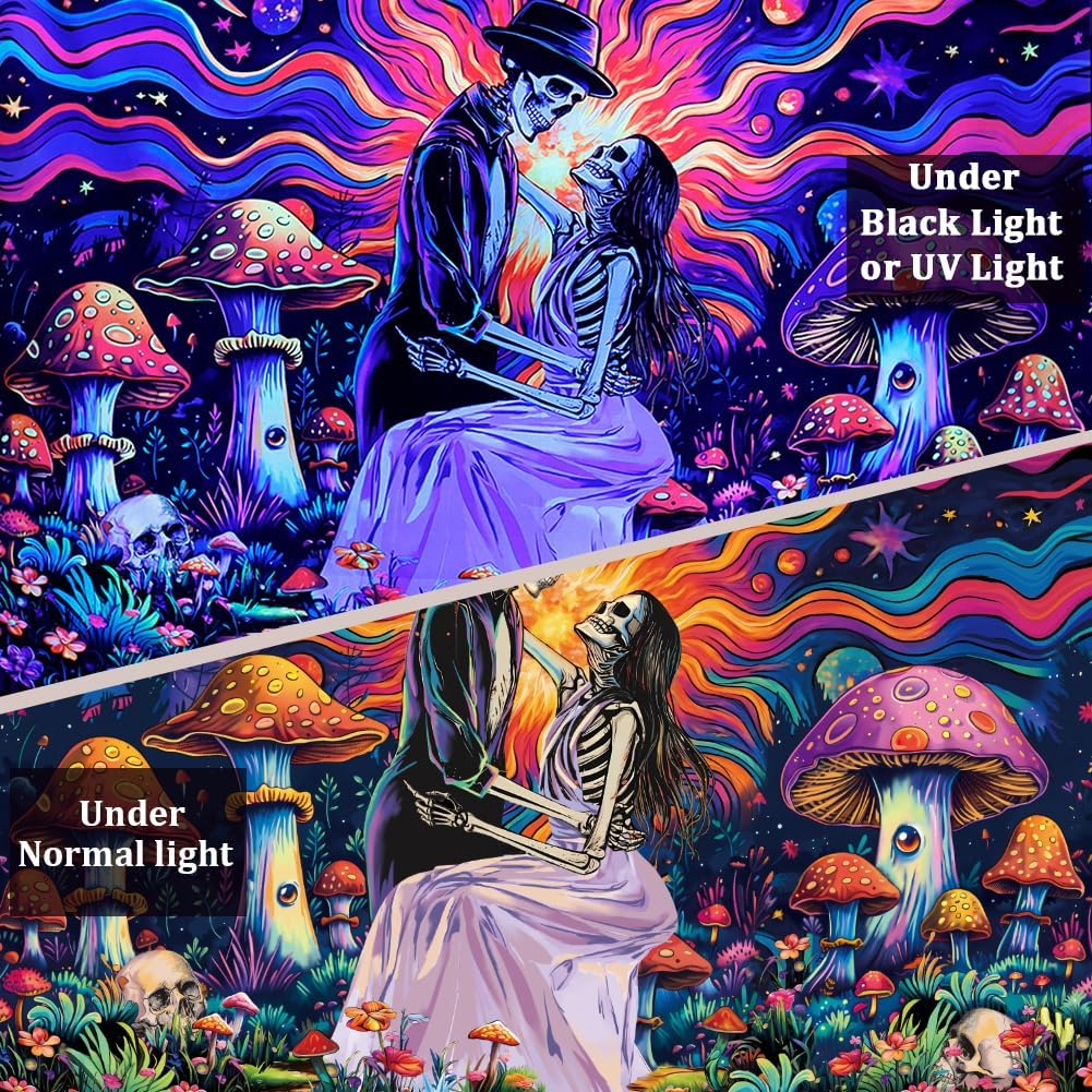 Heopapin Blacklight Skeleton Couple Tapestry UV Reactive The Lovers Skull Wall Hanging Tapestry Romantic Cosmos Galaxy Aesthetic Tapesties for Living