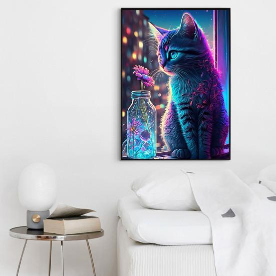 1 Set Cat Rhinestone Painting with Canvas Drill Tools Animal 5D Full Drill DIY Crafts Rhinestone Art Drawing Decoration Kit Beginners Adults Kids Gift