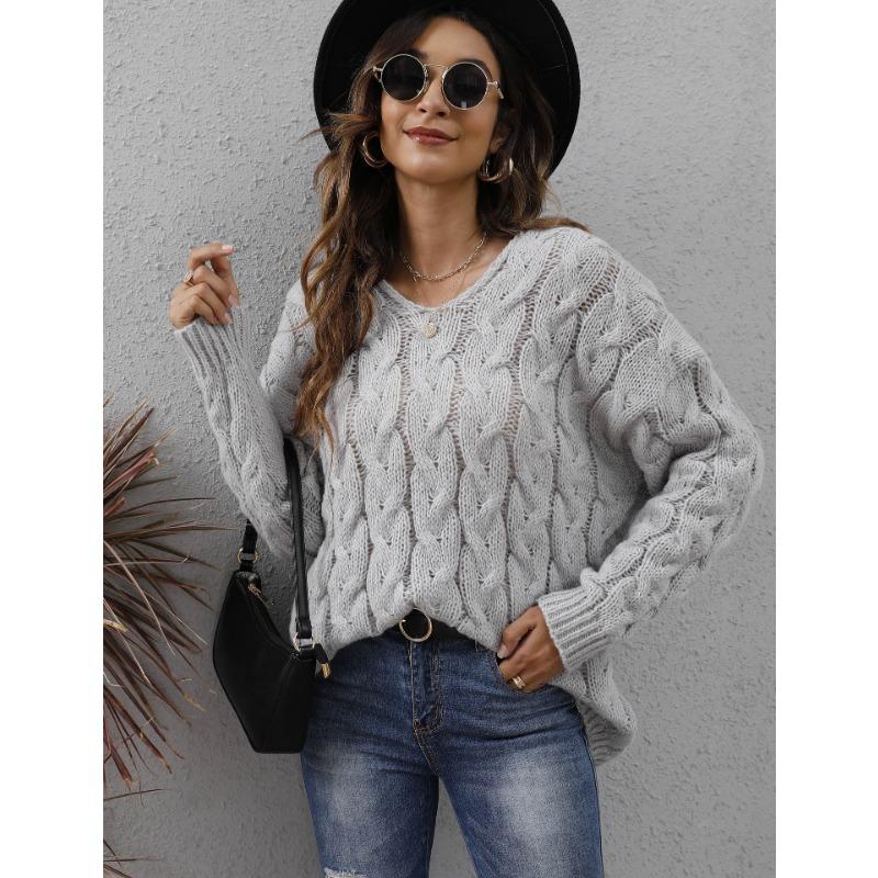 Women Thick Twisted Knit V Neck Hooded Loose Pullover Sweater