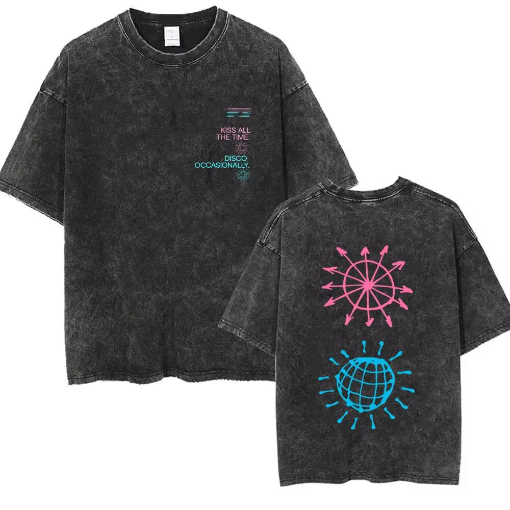Kiss All The Time Disco Occasionally Washed Vintage T-shirts Fans Gift Men Women Fashion Pop Music Streetwear Male Oversized Tee