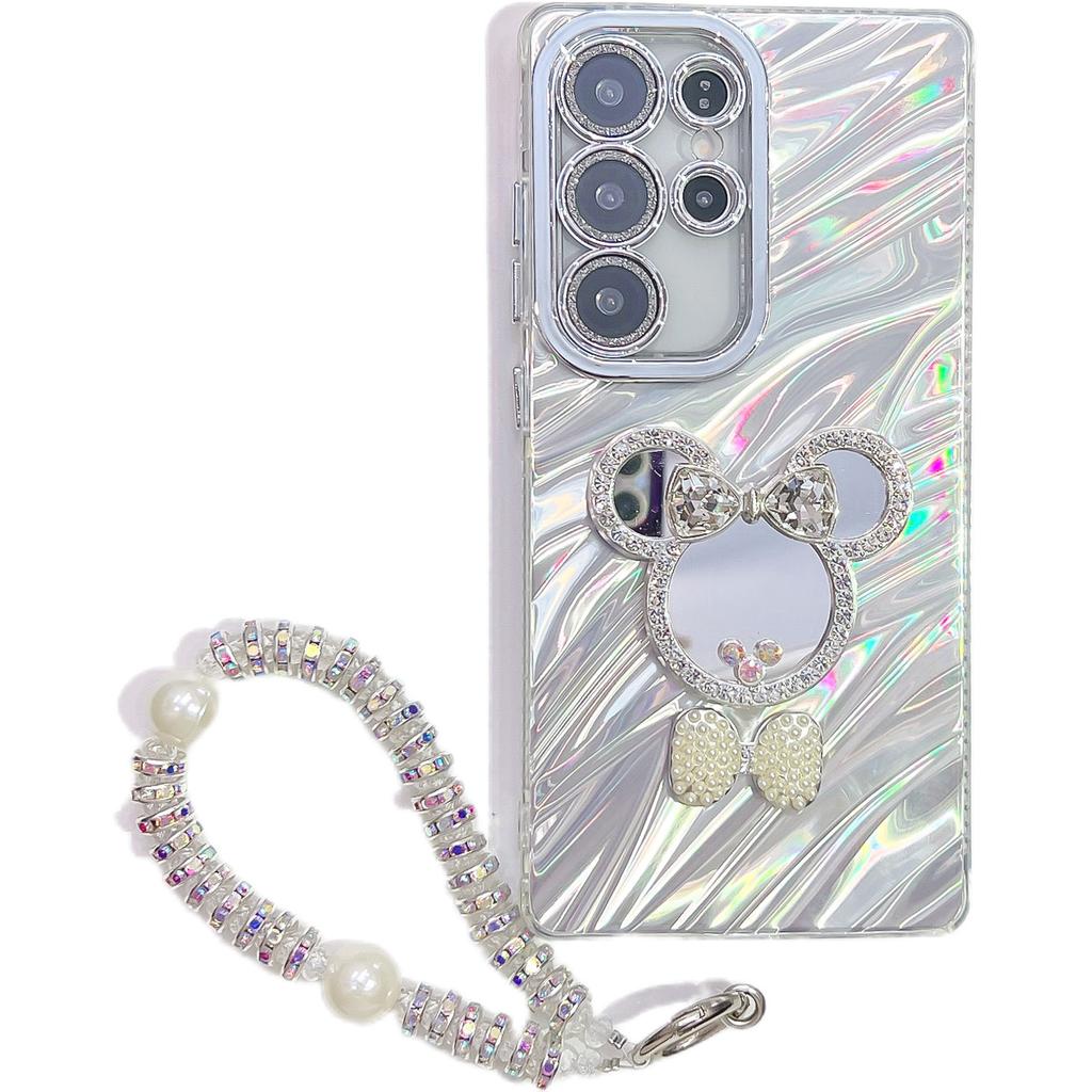 Advanced Wrinkles Suitable for Samsung S25ultra Bracelet Mobile Phone Case S24 Cartoon Mirror A56 Flash Powder Lens Film