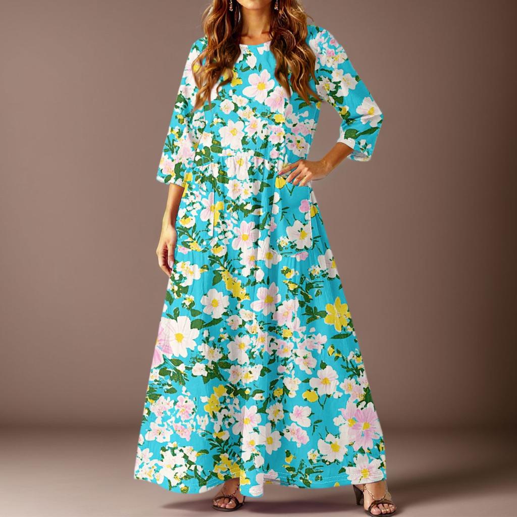 Женское повседневное модное платье с цветочным принтом, рукавом три четверти и карманами