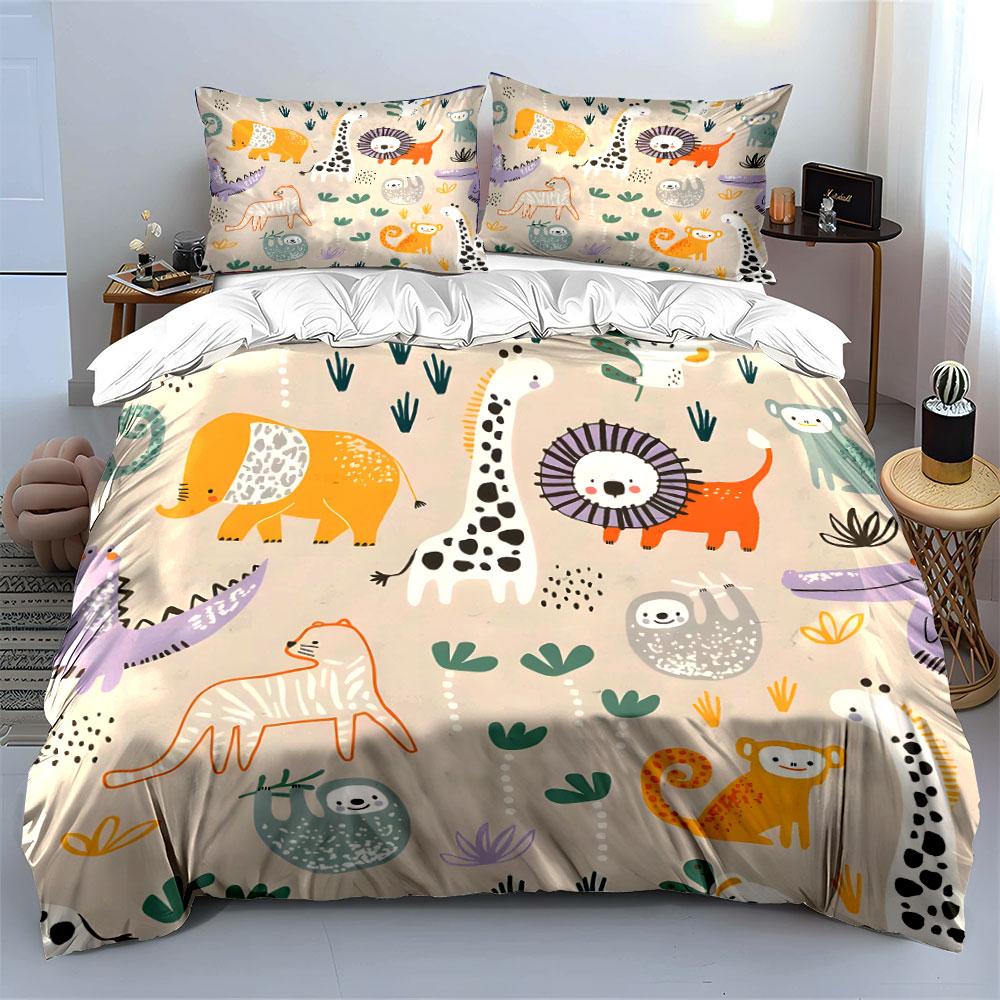 Cute Jungle Animals Pattern Bedding Duvet Cover Set (1*Duvet Cover 2*Pillowcases, without duvet insert)