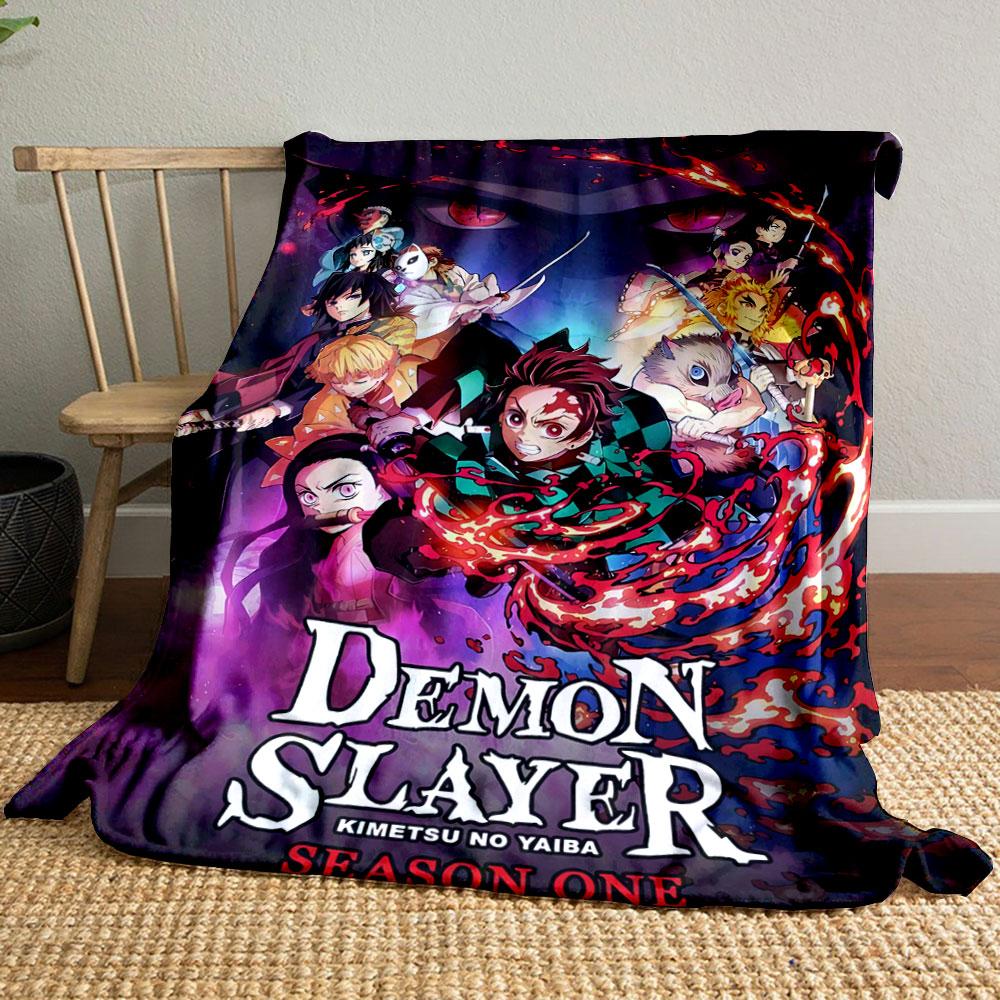 An anime-style ensemble with fiery sword motifs and intense red eyes backdrop. for all seasons blanket lunch break throw gift