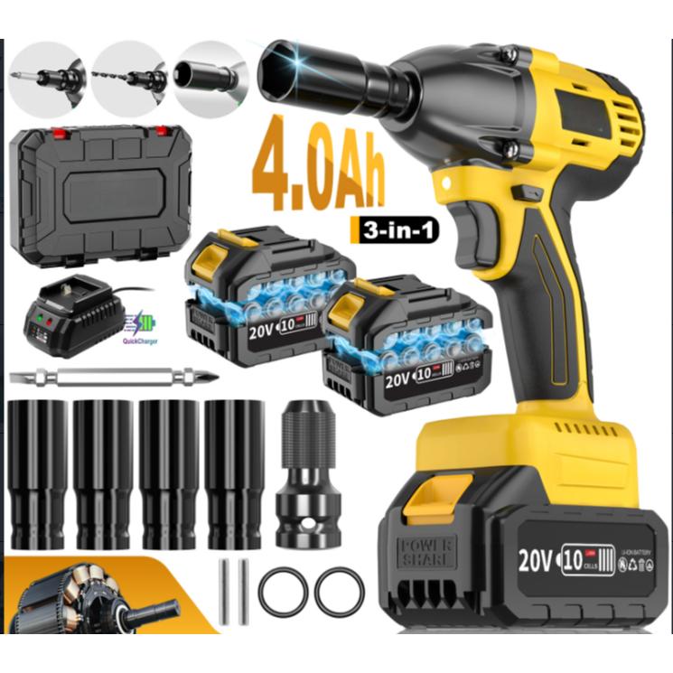20V Cordless Brushless Motor 1/ 2 Inch Drive 430NM Max Torque Industrial Grade 3 in 1 Electric Impact Wrench Set DIY Powered