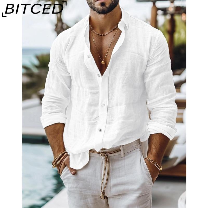 BITCED Мужская однотонная рубашка из смесовой хлопково-льняной ткани Повседневный стиль Рубашка с длинным рукавом Business Casual