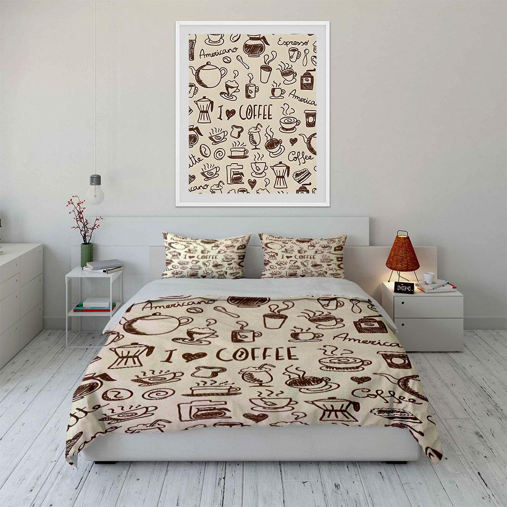 Coffee-themed icons text. Bedding sets Duvet cover sets Duvet covers Pillowcases(1 * Duvet Cover 2 * Pillowcases without duvet insert)