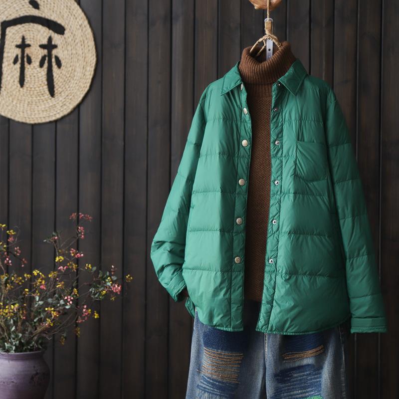 Литературный однотонный воротник рубашки легкий пуховик рубашка женская осень и зима 2024 новый белый утиный пух модный пуховик