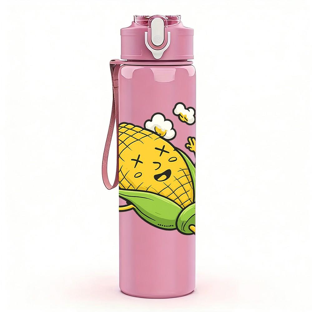 1PC Cartoon Corn Character 750ml Color Plastic Sports Water Bottle Leakproof Flip Straw Lid Suitable for Sports Office Home Use