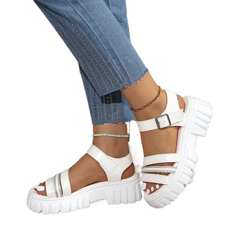 Мода 2024 года, новые женские туфли, римские женские сандалии на платформе, повседневные сандалии, женские туфли с пряжкой и ремешком на квадратном каблуке, большие размеры, женские