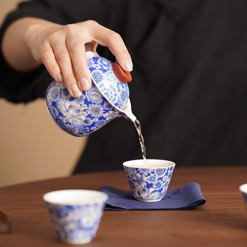 Blue and white travel tea set outdoor portable express cup one pot three cups kung fu ceramic small gift print
