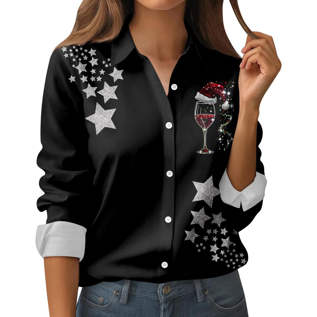 Женская рубашка-блузка с принтом и пуговицами, длинный рукав, повседневный базовый рубашечный воротник, обычный топ