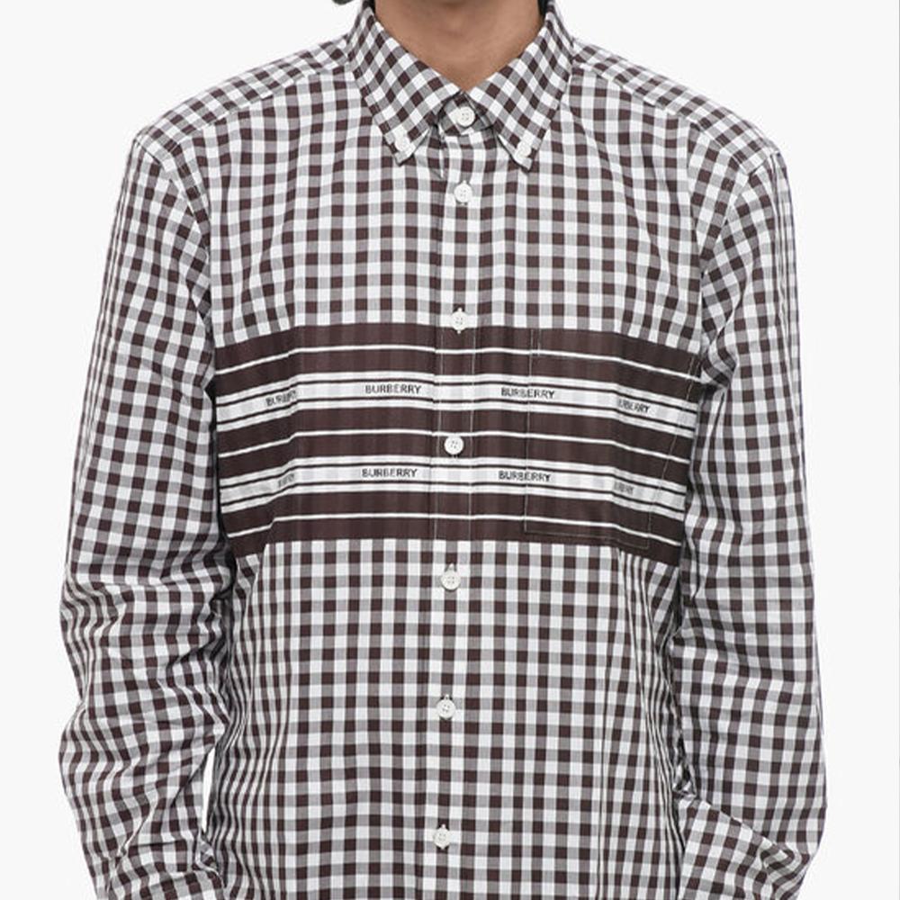 Burberry FW23 Mens Letter Stripe Check Print Single-Breasted Casual Shirt Brown 80708671