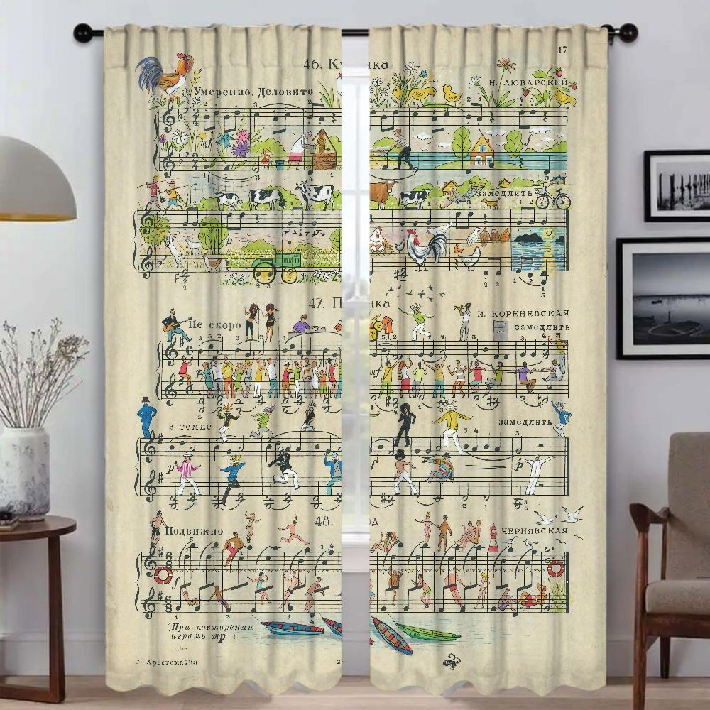 Vintage Music Note Anti-mosquito Curtains for Camera Window Curtain for Room 2 Panel Shades Home Interior Curtains Partition