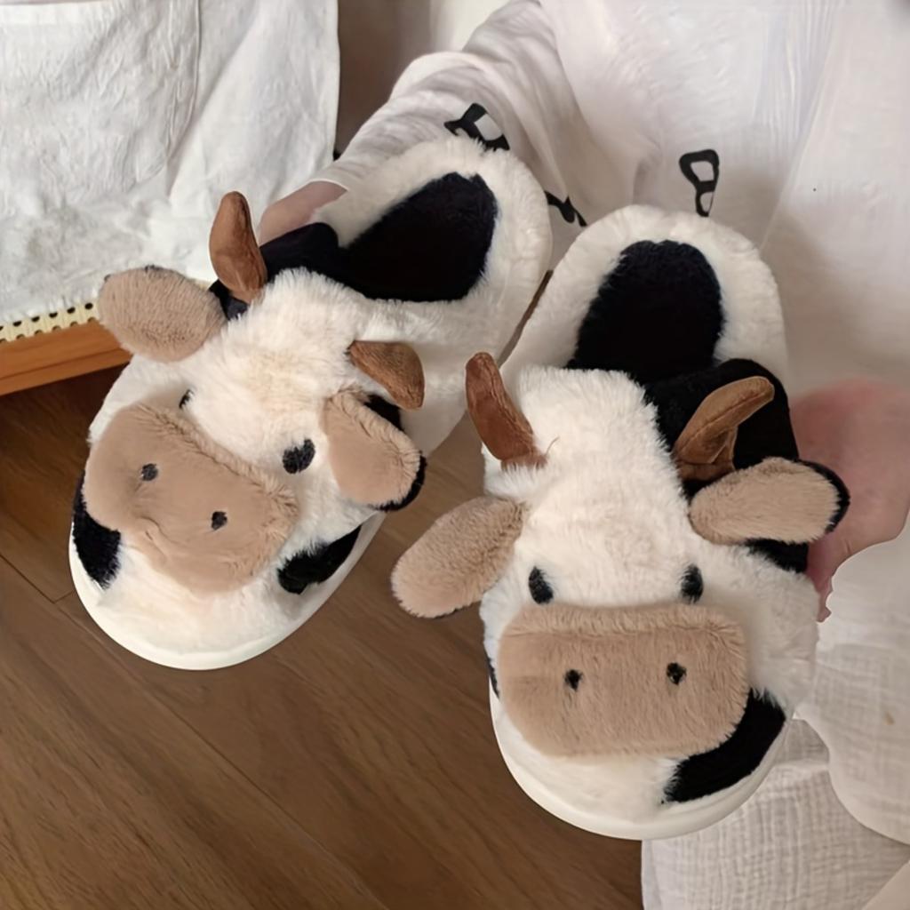 Cute Cow Slippers, Women's and Men's Plush Slippers, Winter Plush Thick Soled Slippers, Indoor Kawaii Shoes, Cartoon Style, Fabric Upper and Insole