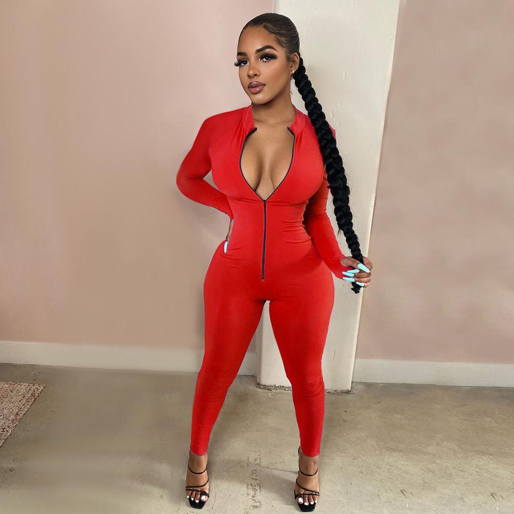 Women Sexy Bodysuit Long Sleeve Fall Wear Sexy Slim Skinny Clubwear Solid Zipper Bodycon Bandage Jumpsuit Overalls High Street