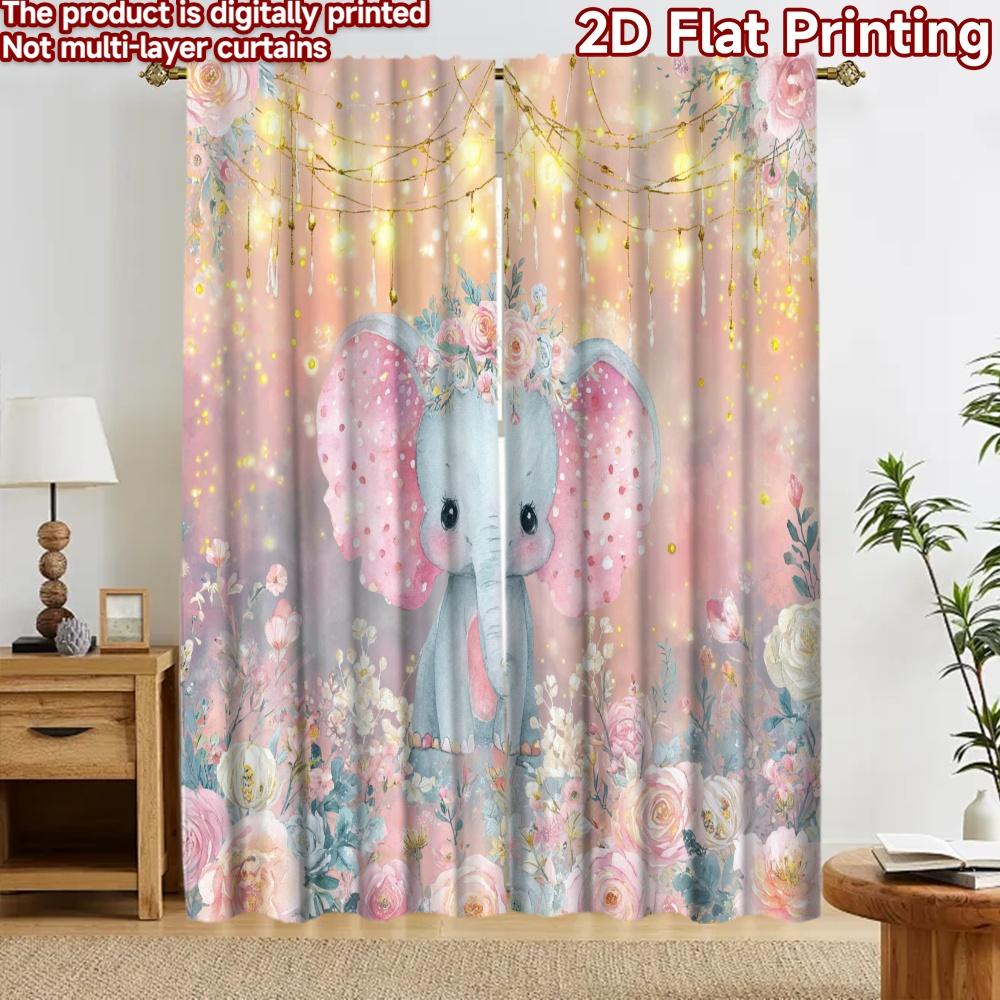 2D flat printing 2pcs Curtain Curtains Spring Floral Elephant Digital Printed Polyester Drapes Family Party Decoration Perfect