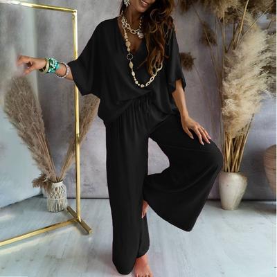 Женский комплект повседневный однотонный топ с короткими рукавами свободные широкие брюки