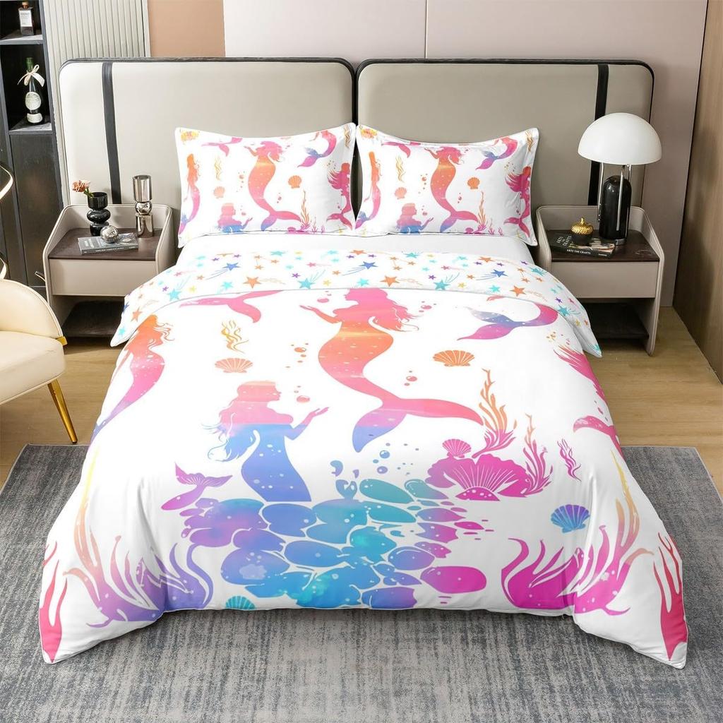 Cute Mermaid Tail Duvet Cover Set Queen King Size Fairy Tale Themed Princess Bedding 3 Pcs For Girls Bedroom Decor Super Soft