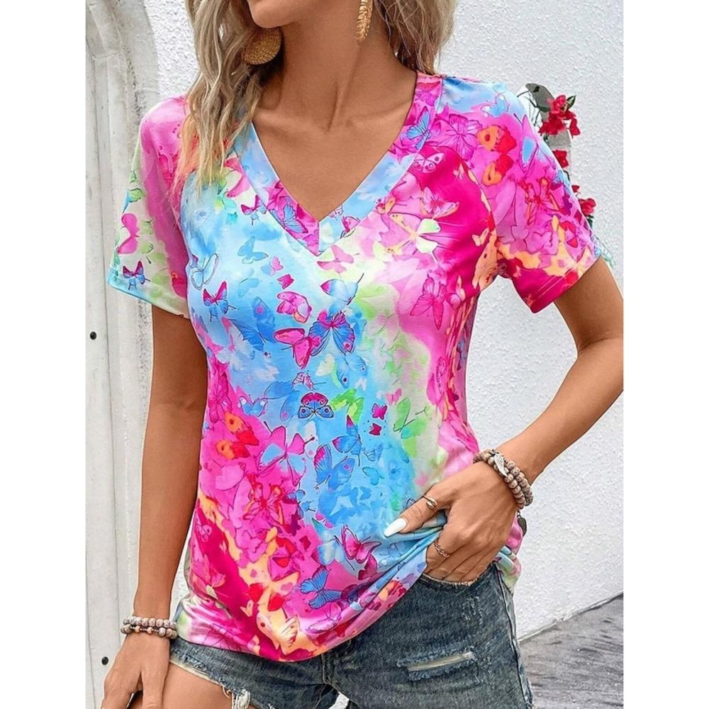 Summer Women Short Sleeve V-Neck Oversized T Shirt For Women Fashion Ladies T-Shirt 3d Flower Print Top Casual Clothes